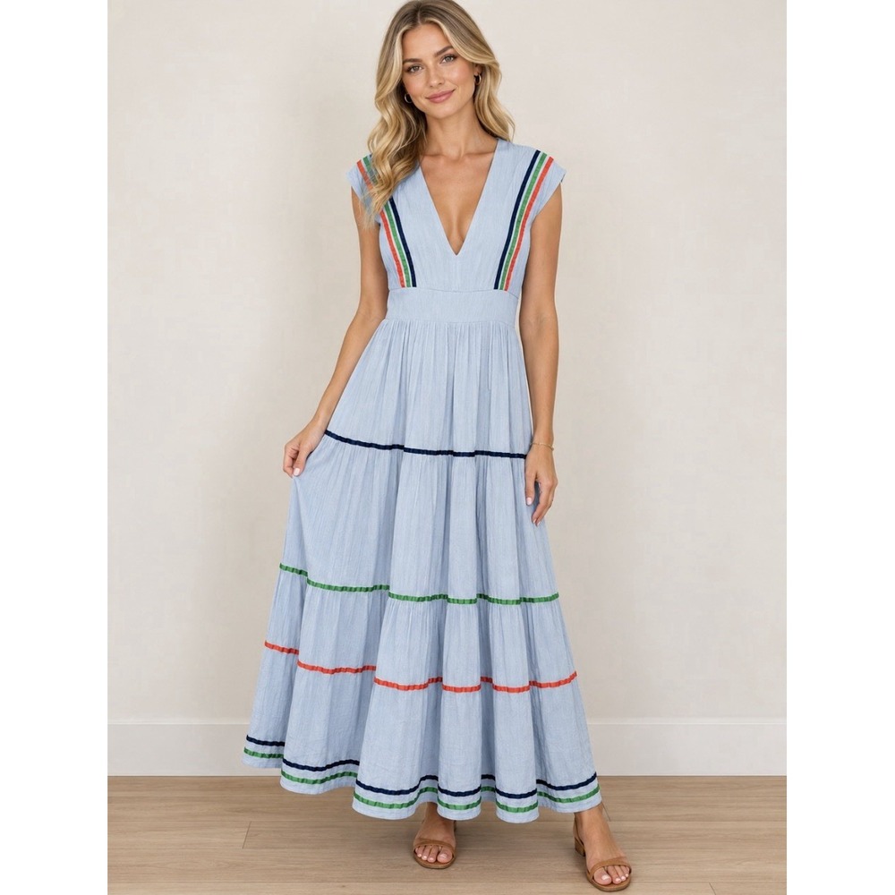 ALEXIA ADMOR Dress Size 6 Blue Tiered Boho Resort Chic Travel Beach Daytime Maxi